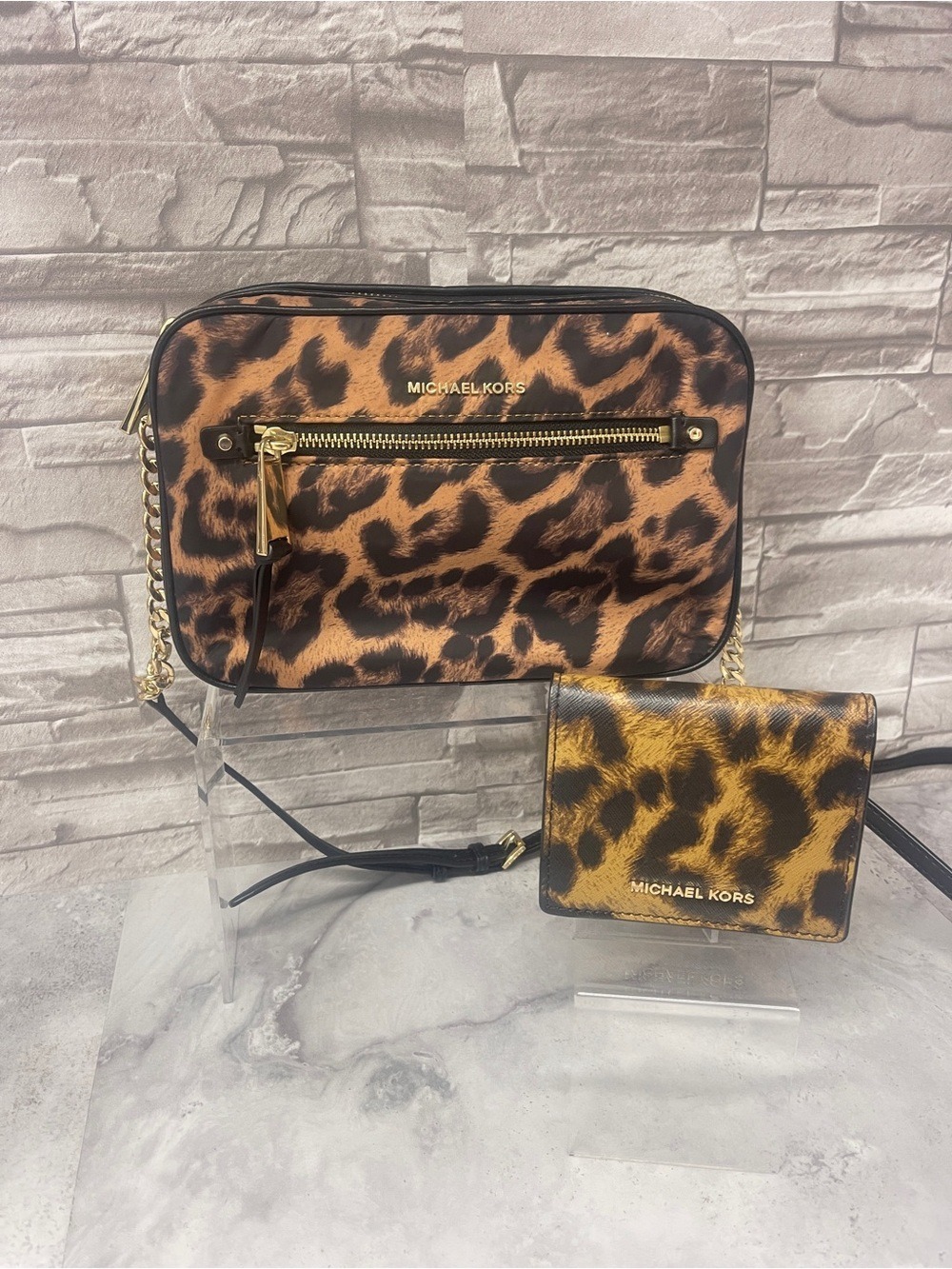 Michael Kors Polly Large Nylon Crossbody & Matching Wallet Cheetah Butterscotch